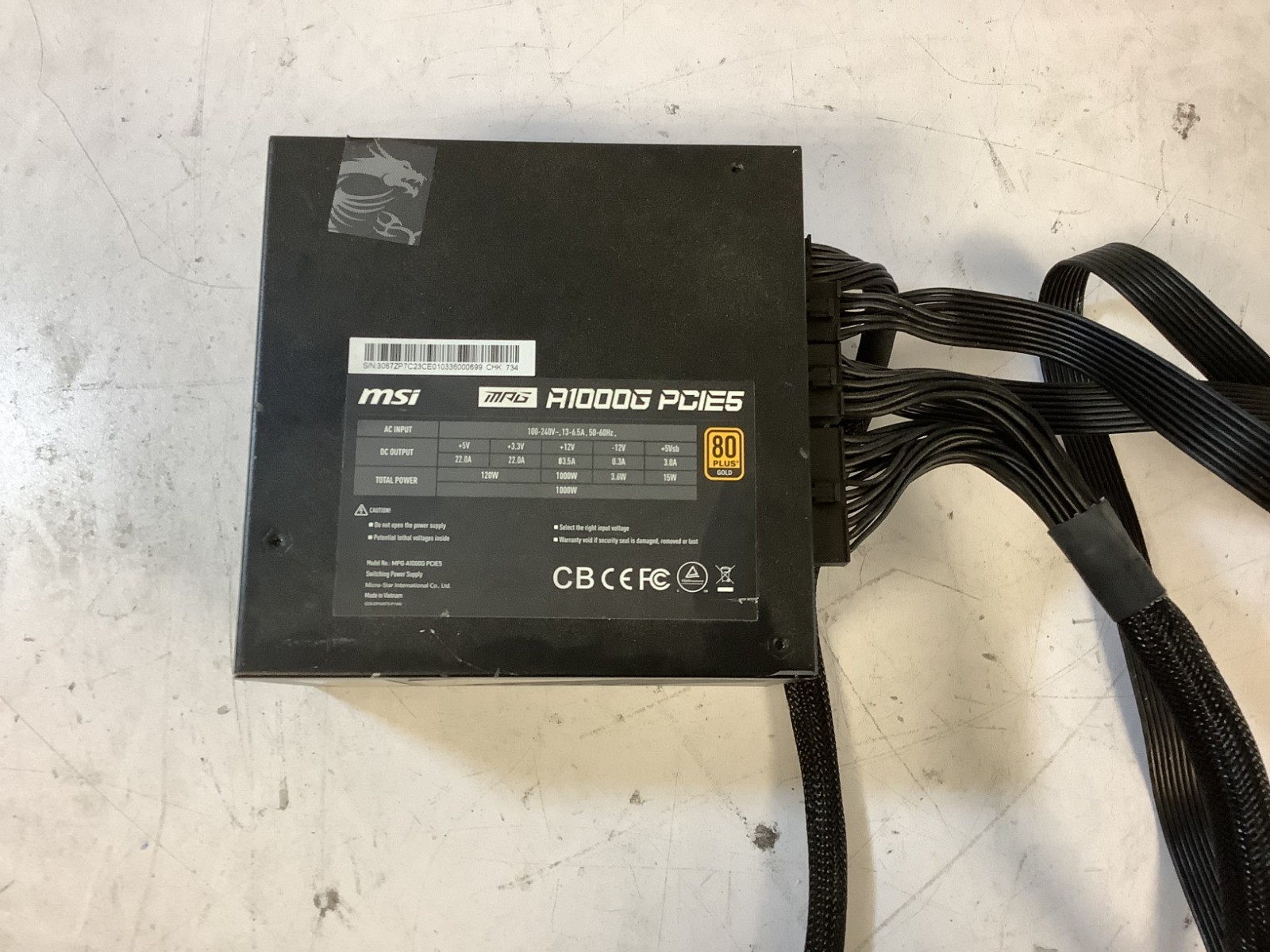 MSI MPG A1000G PCIE5 1000W 240V 13A 80 Plus Gold Power Supply L-W2B