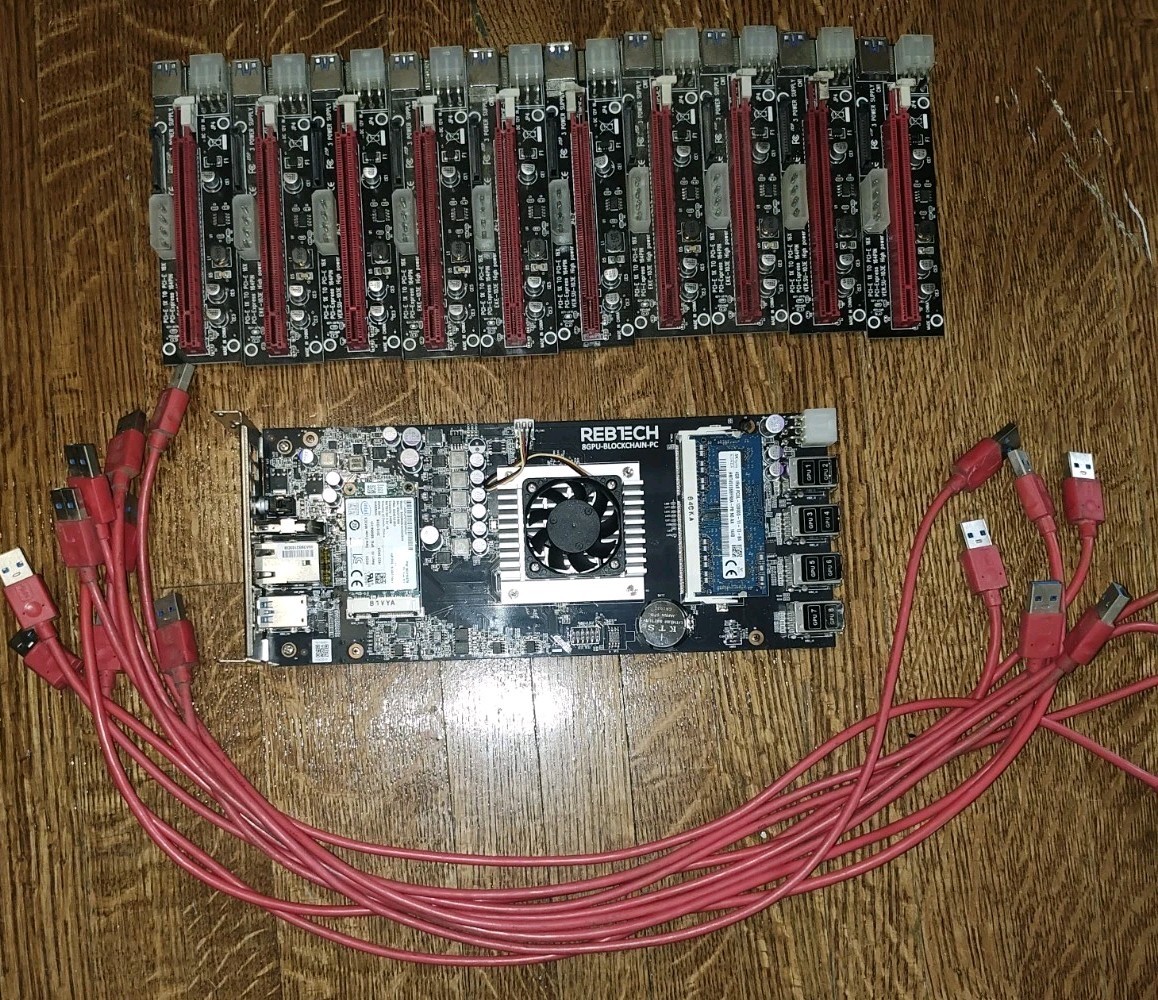 Rebtech 8 GPU MB, 2x 240v PSU, Power Cables, PCI Risers, *No Mining Frame