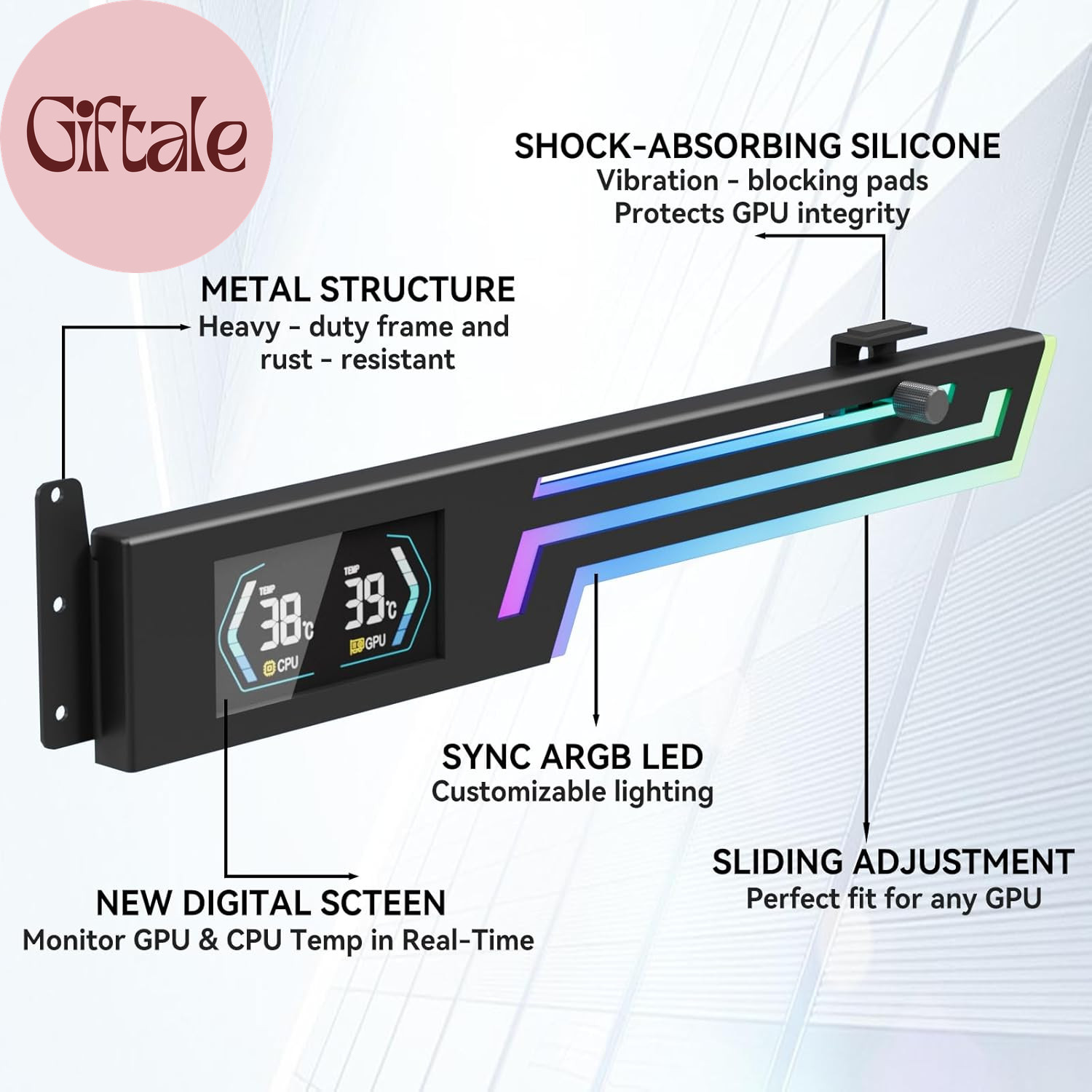 ARGB GPU Support Bracket with CPU & GPU Temp Display, Universal Graphics Card Su