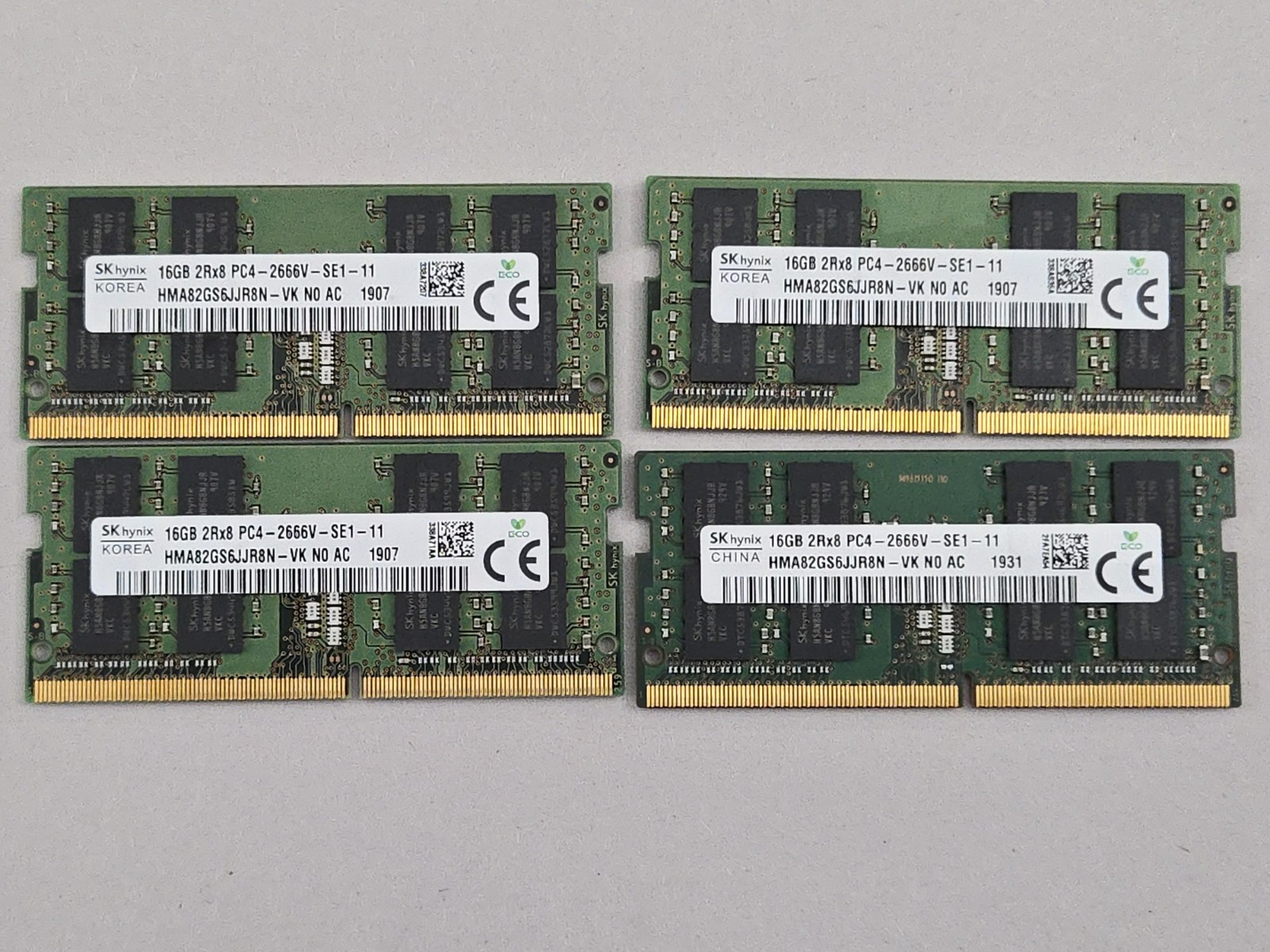 Lot of 4 SK hynix 16GB DDR4-2666V Laptop RAM. Clean Pulls. 64GB Total.