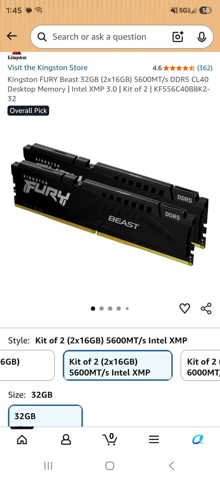 Kingston Fury Beast 32GB (2x16GB) DDR5 5600MHz CL40 Desktop RAM KF556C40BB