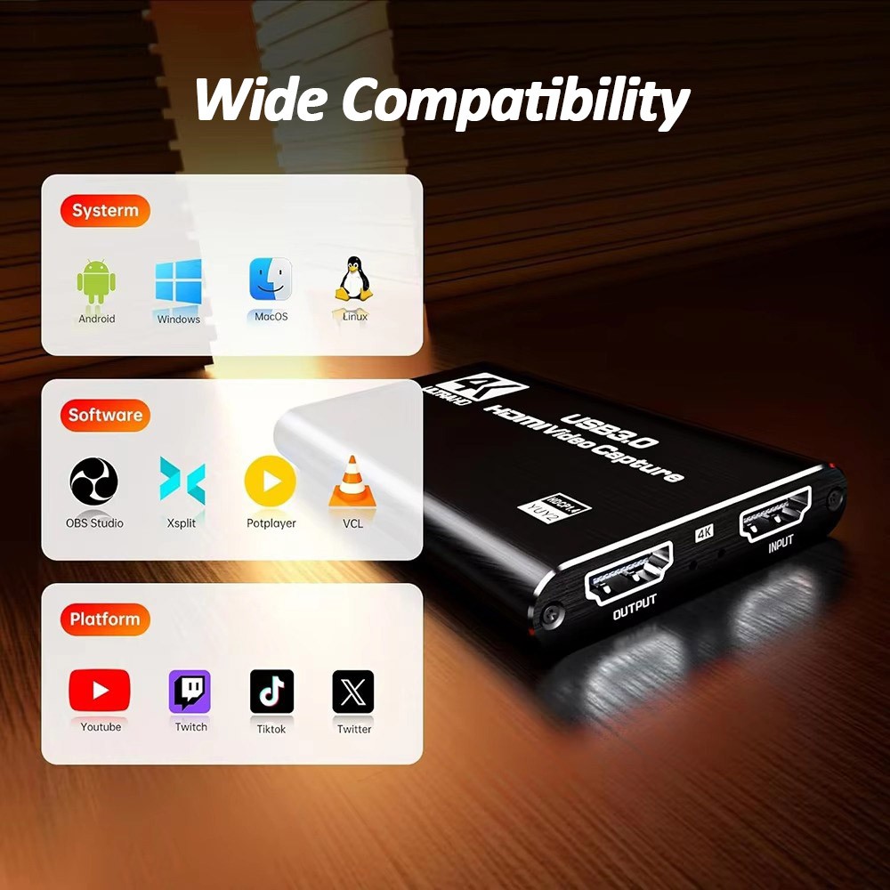 4K HDMI Capture Card for Streaming, Full HD 1080P 60FPS USB Cam Link Game Audio