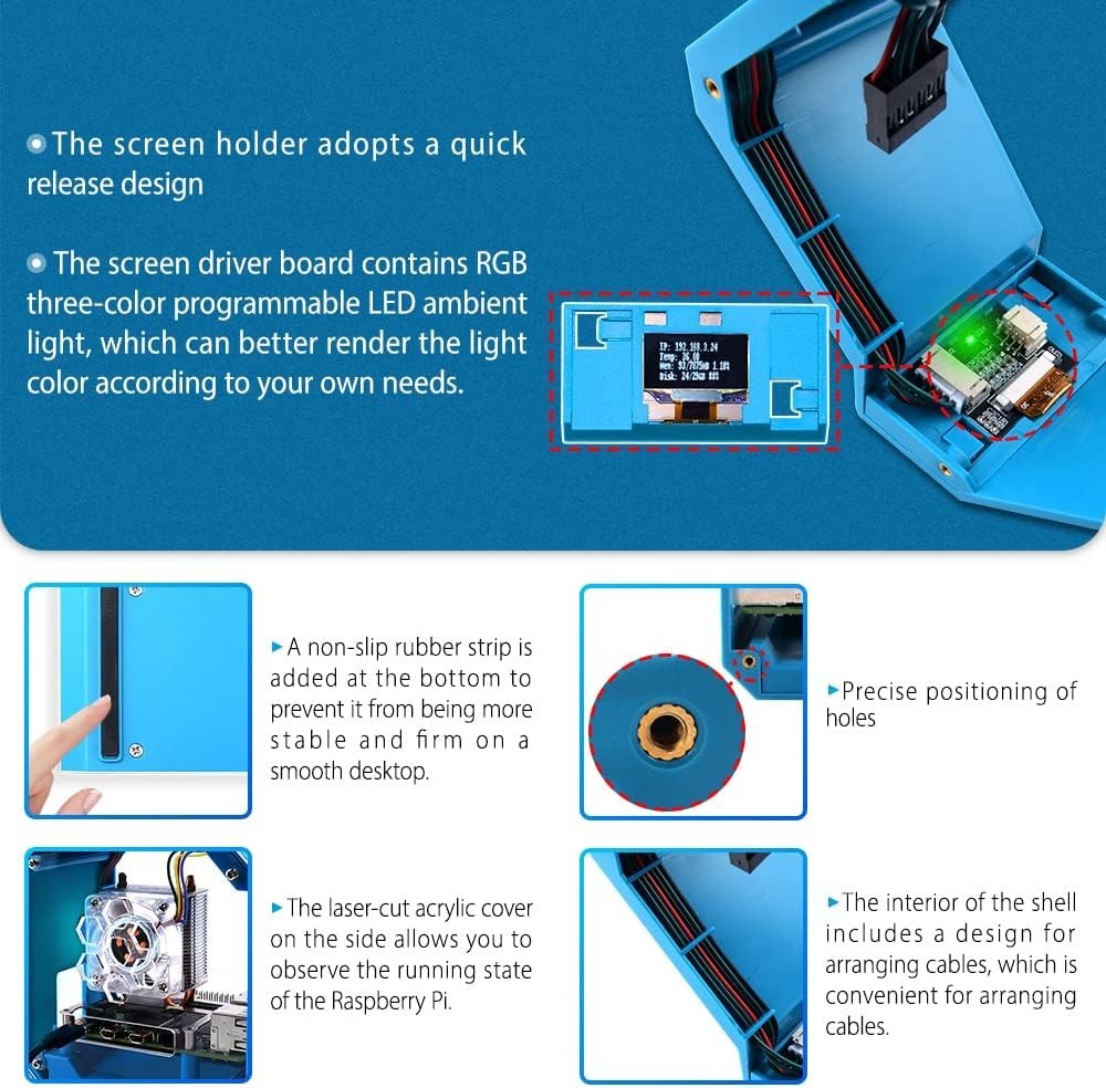 52Pi Mini Tower Kit for Raspberry Pi 4B, ABS Acrylic Case, OLED Display Fan Blue