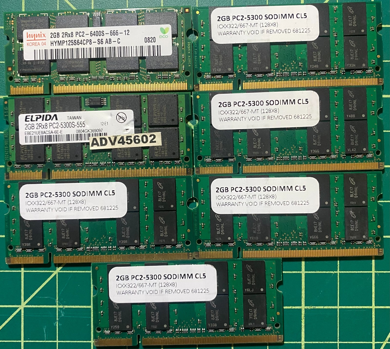 MISC Lot of 7 2GB PC2 6400/5300 Laptop Memory Hynix, RAMjet, ELPIDA