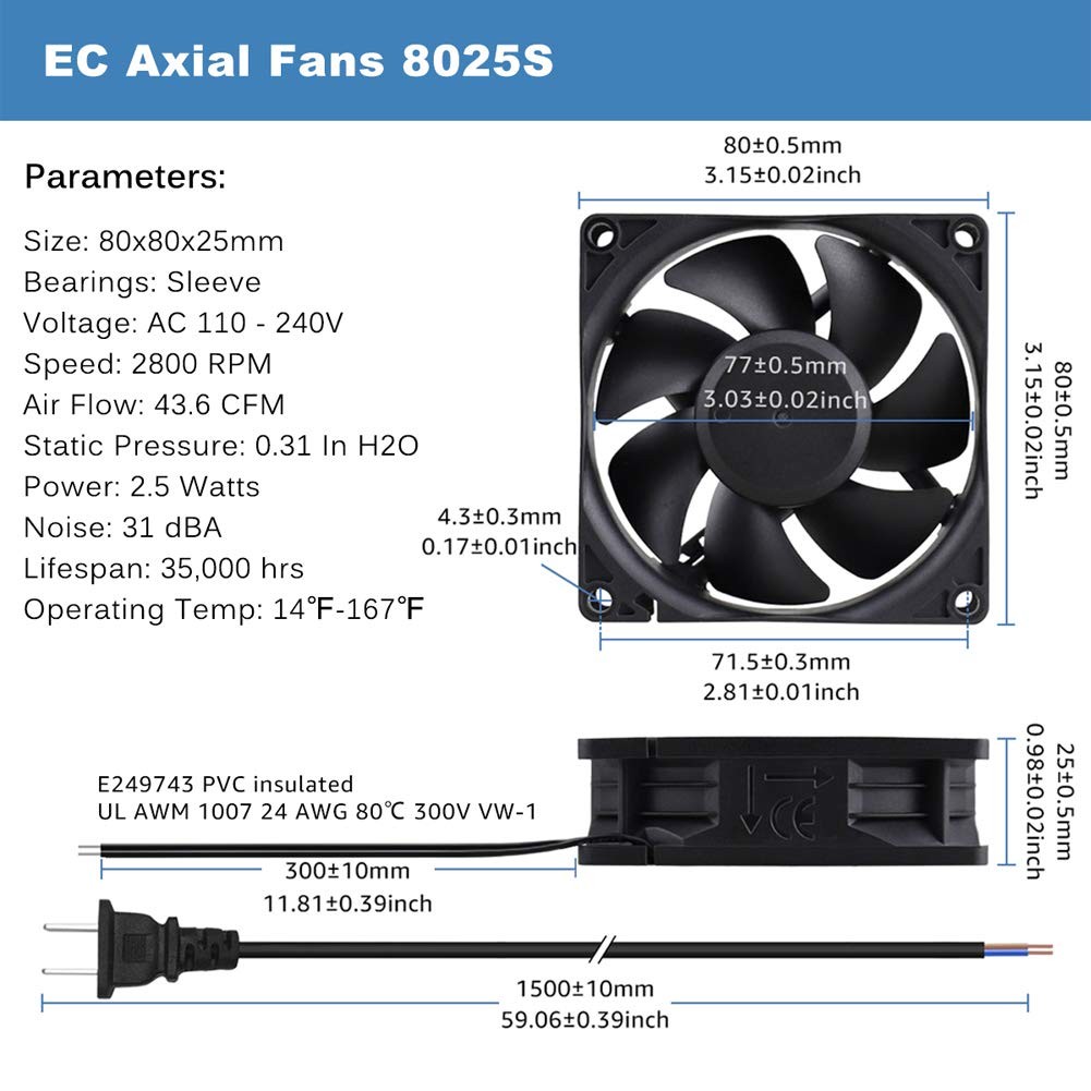 80mm AC Electronic Component Fan 110V to 240V 2800RPM Sleeve Bearing 1pc