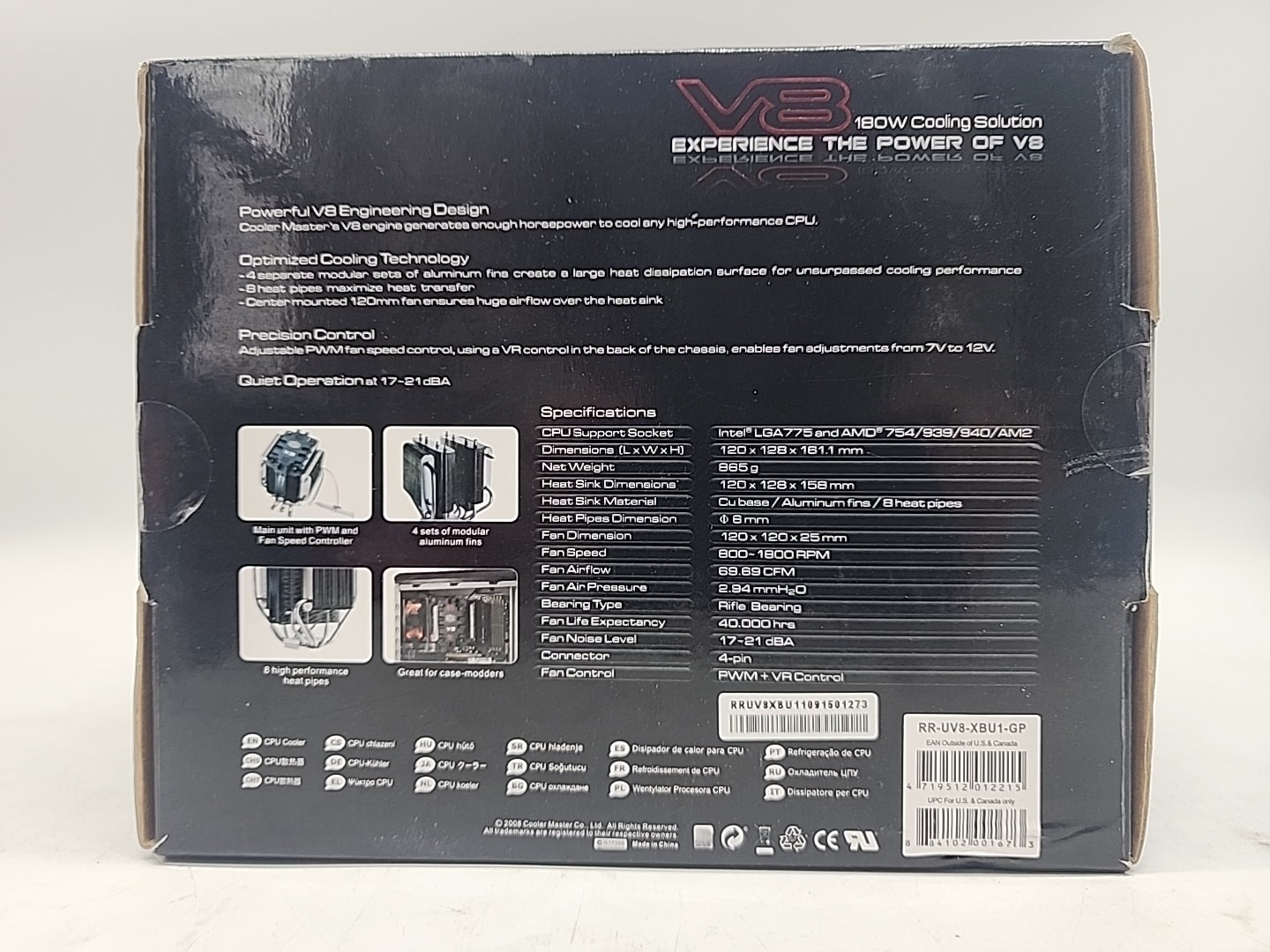 Cooler Master V8 RR-UV8-XBU1-GP CPU Cooler Rifle Bearing 120mm Fan Black