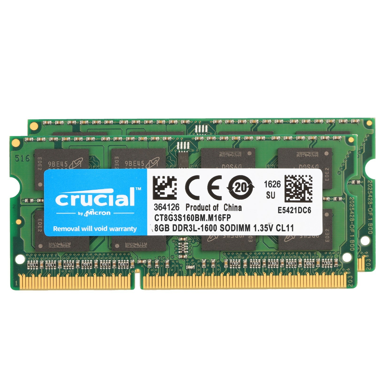 Crucial 16GB (2x 8GB) Kit DDR3L 1600MHz 1.35V 204Pin PC3L-12800 CL11 Laptop 2Rx8