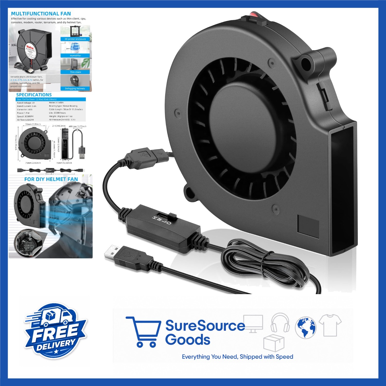 75mm USB Cooling Fan 5V DC Brushless Blower for Electronics and DIY Projects