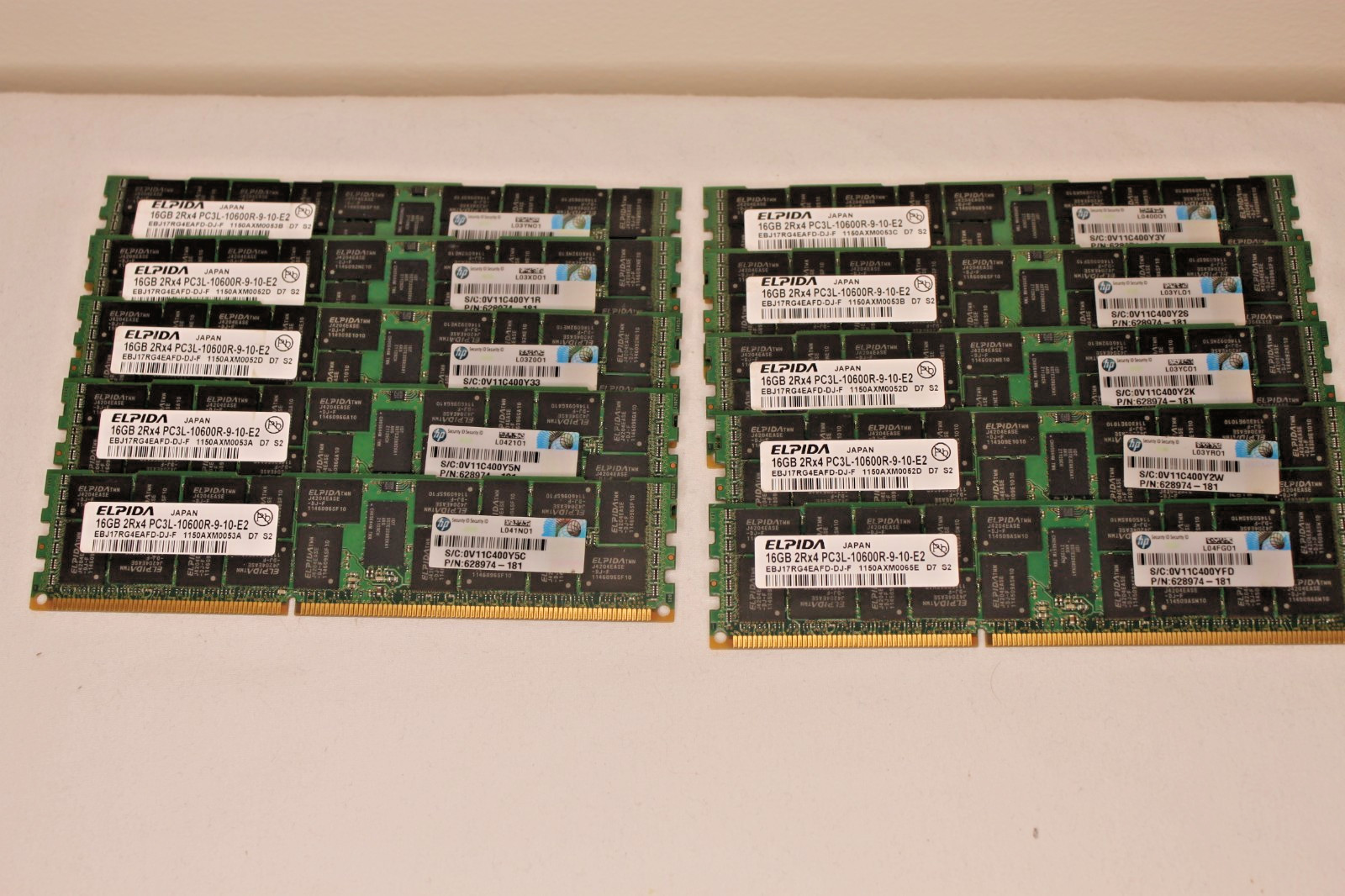 Lot of 10 HP 647653-081 16GB 2Rx4 PC3L-10600R 1333MHz REG MEMORY RAM for servers