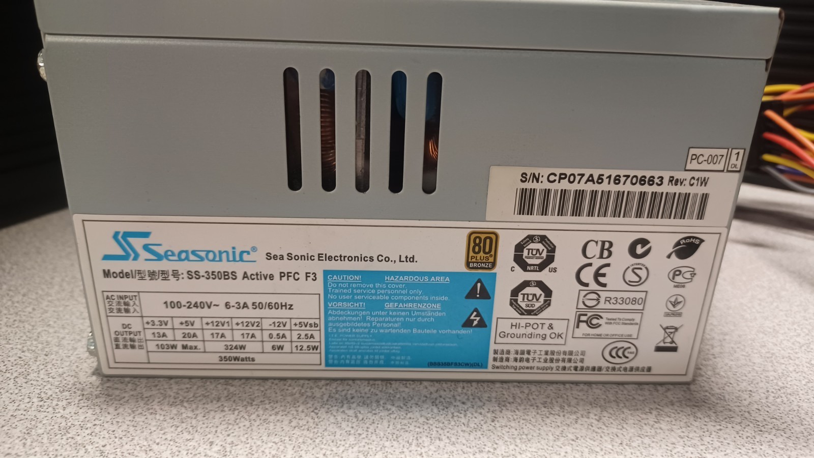 Seasonic Sea Sonic 350w Model Ss-350bs Active PFC F3 ATX Power Supply, 80 Plus