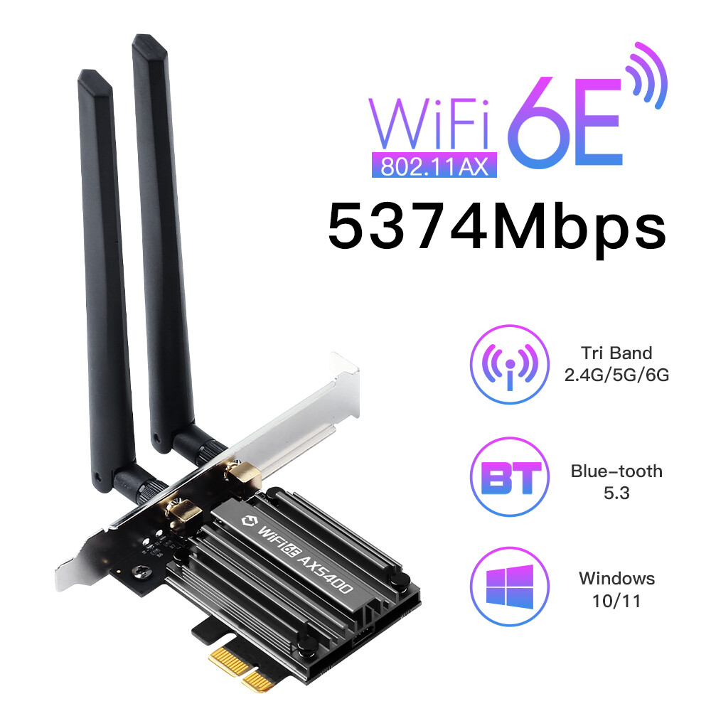 WiFi 6E PCIe Card MT7922 5400Mbps Tri-Band 6GHz/5GHz/2.4GHz BT5.3 for Desktop