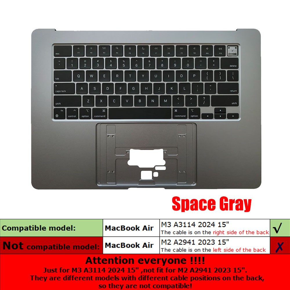 For Apple MacBook Air 15″ M3 A3114 2024 Keyboard Top Case Cover Gray US