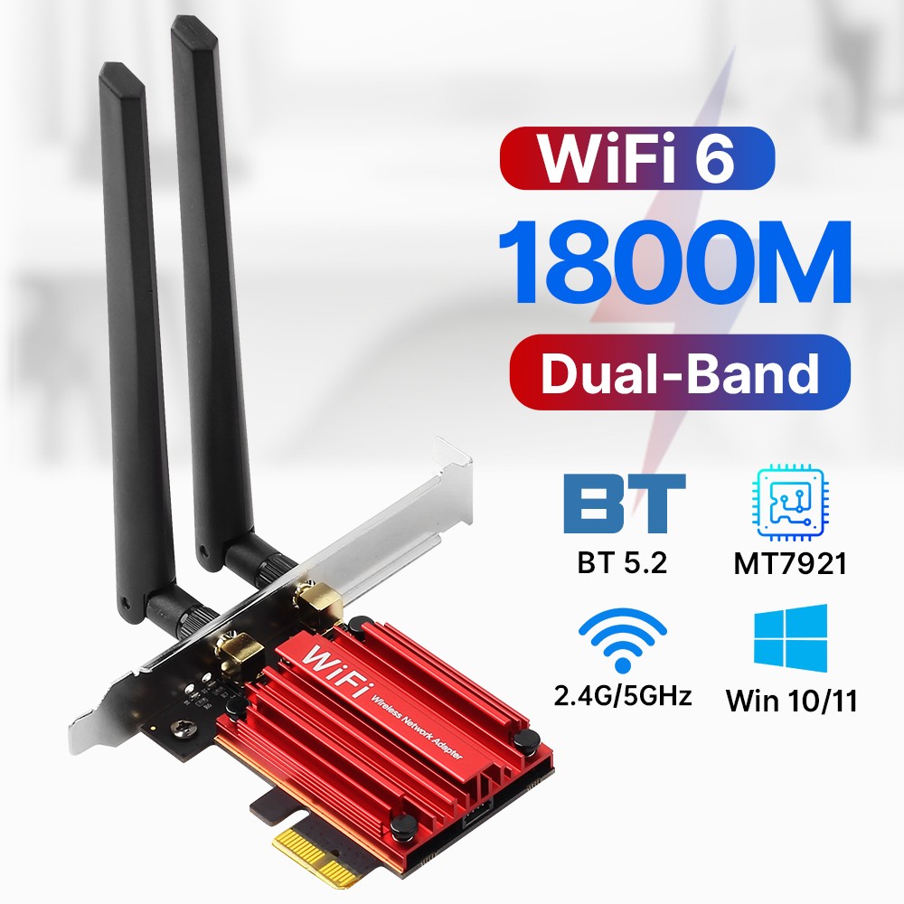 MT7921 WiFi6 Bluetooth5.2 PCIe Crad Dual Band 1800Mbps Adapter for windows 10/11