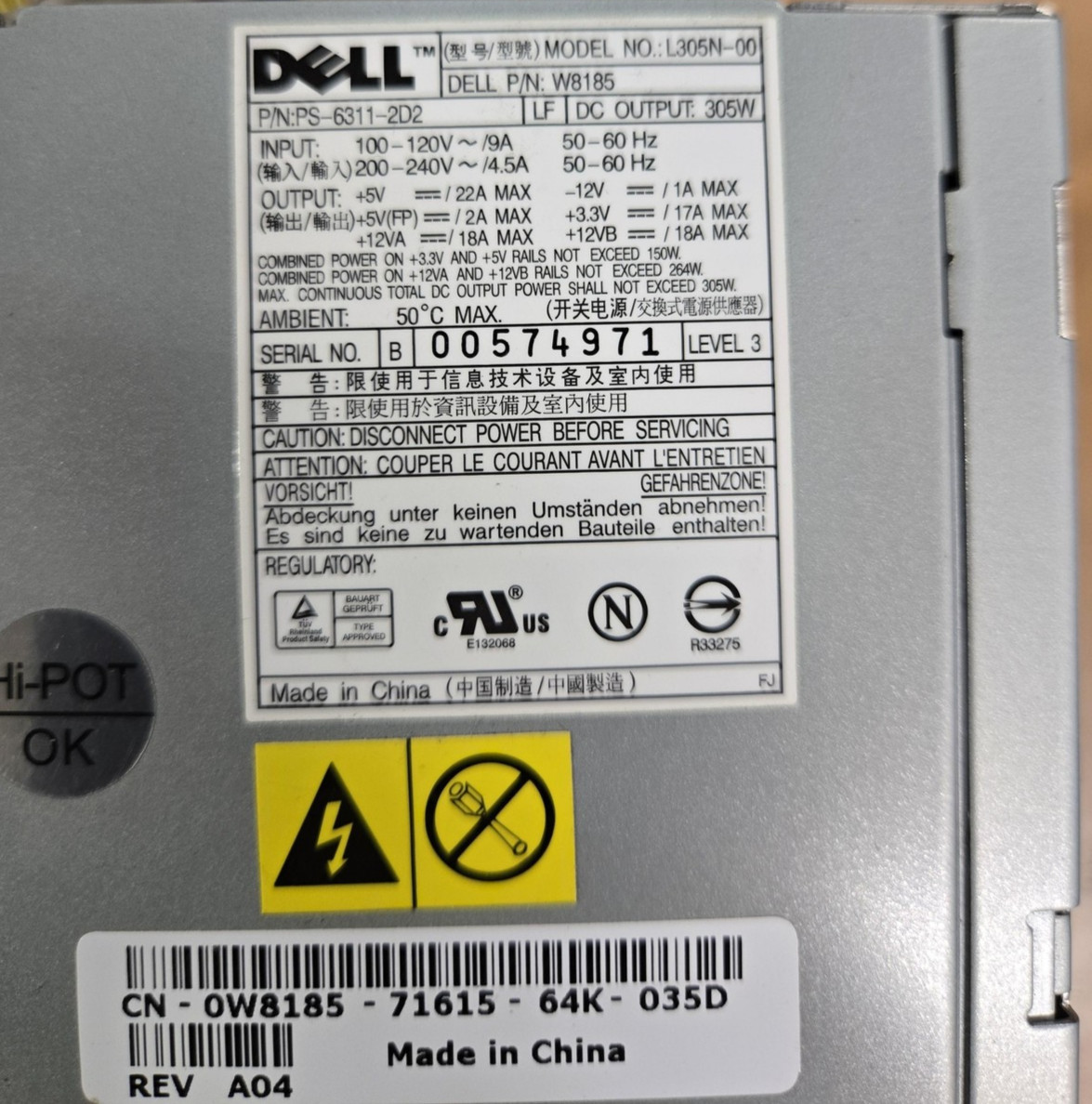Dell L305N-00 305W ATX Power Supply PSU 24-Pin SATA Molex Rev A04 100-240V