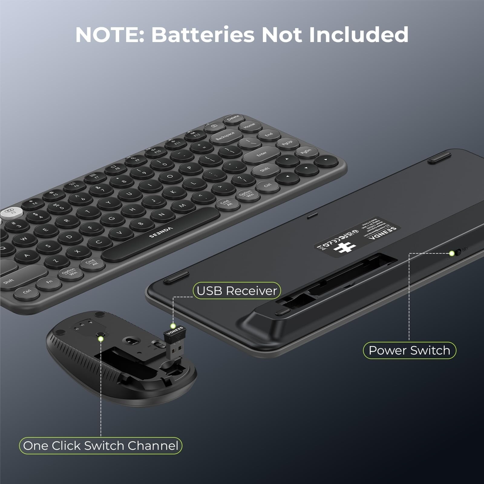 seenda Bluetooth Wireless Keyboard and Mouse Combo, COE203 Quiet Round Keycap…