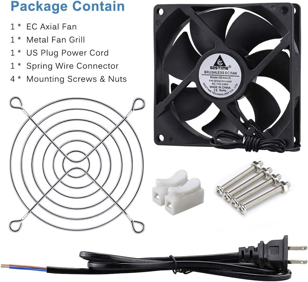 90Mm EC Axial Cooling Fan 92Mm X 25Mm AC 110V 115V 120V 220V 240V Dual Ball Bear