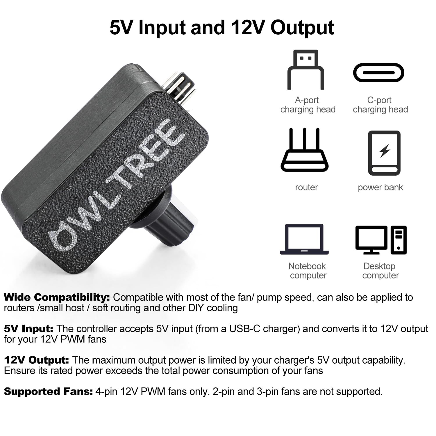 12V PWM Fan Controller with USB Power Cable & 5-Way Splitter Hub, 1.5A Output