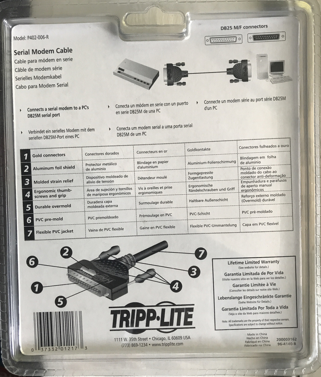 Tripp-Lite P402-006-R Serial Modem Cable 6ft DB25 M/F Connectors