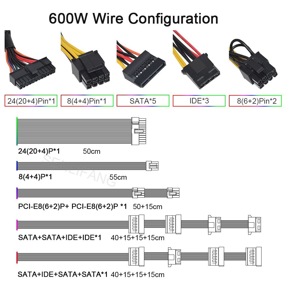 ATX 400W 600W RGB Colorful PSU 110/230V 24Pin 12V Desktop Computer Power Supply