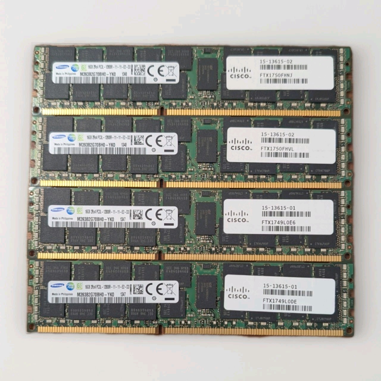 Lot of 4 Samsung 16GB M393B2G70BH0-YK0 server memory modules PC3-12800R