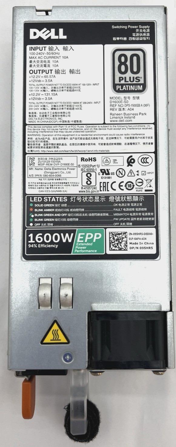 95HR5 DELL POWEREDGE 1600W 80+ PLATINUM POWER SUPPLY R530 R630 R730