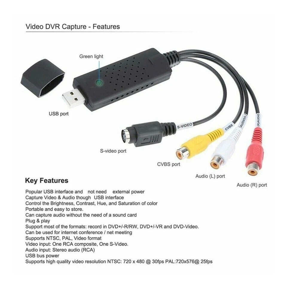 USB 2.0 Capture Card Convert VHS LP Tape to Digital DVD RCA S-Video Convertor