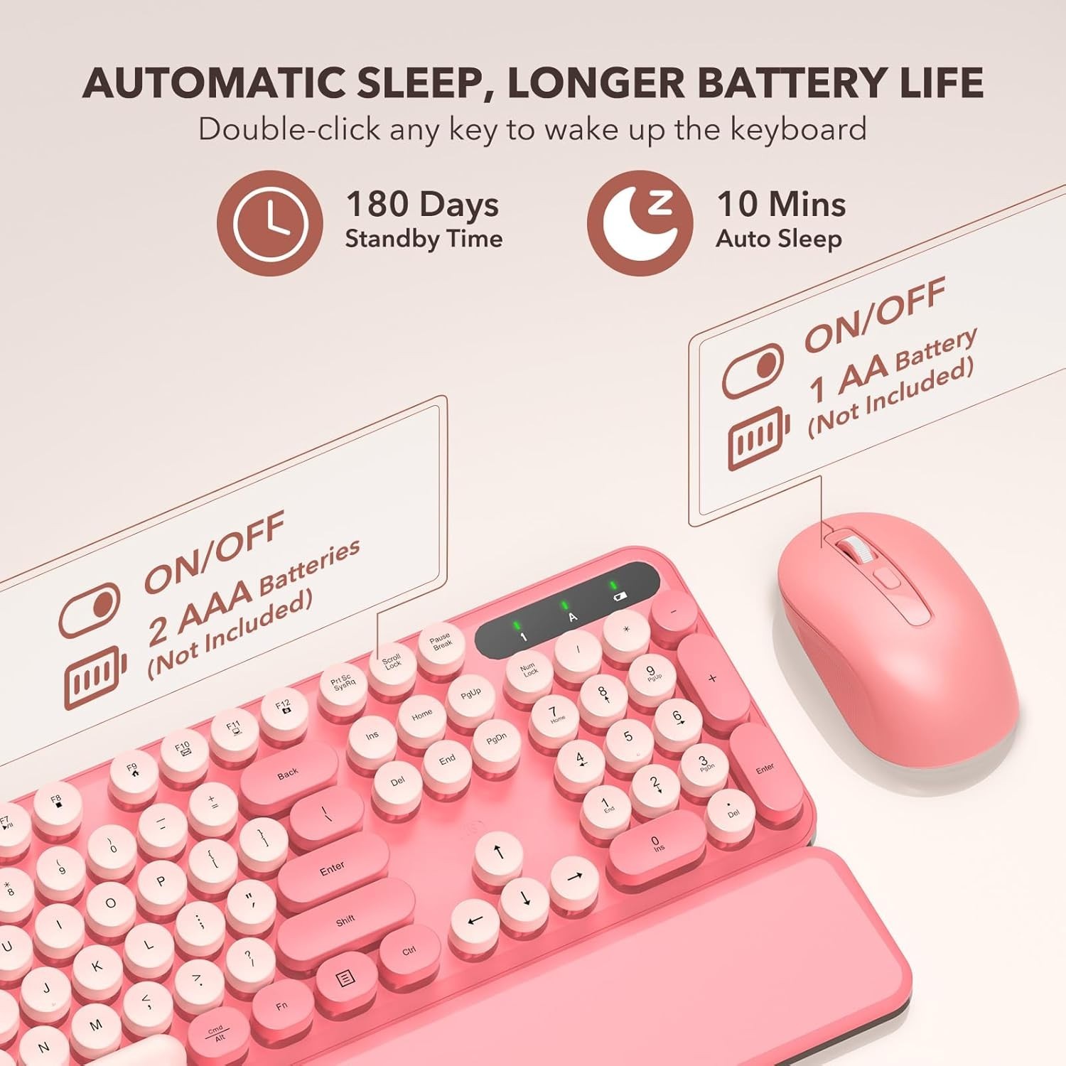 Pink Wireless Keyboard Mouse Combo Retro Typewriter Round Keys Wrist Rest