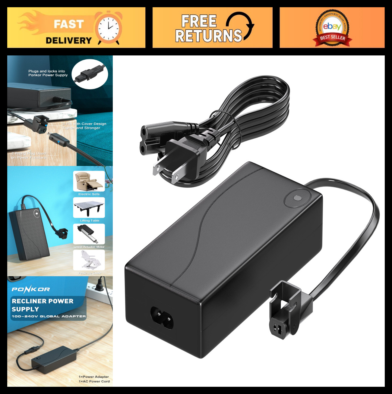29V/24V 2A Power Recliner Adapter – AC/DC Switching Transformer with Power Cord