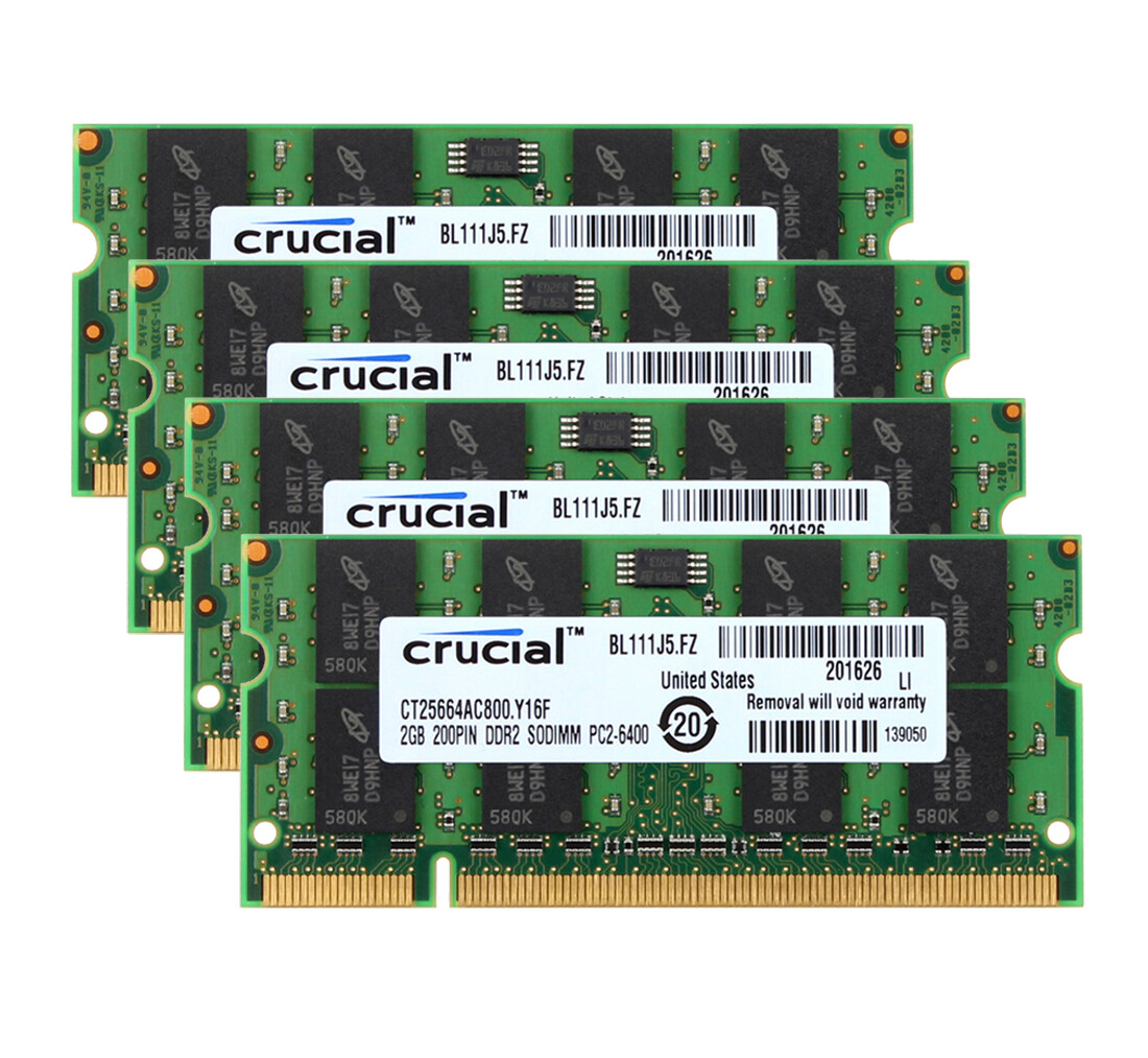 Crucial 8GB 4X 2GB DDR2 800Mhz PC2-6400 200pin SODIMM Laptop Memory NoteBook RAM