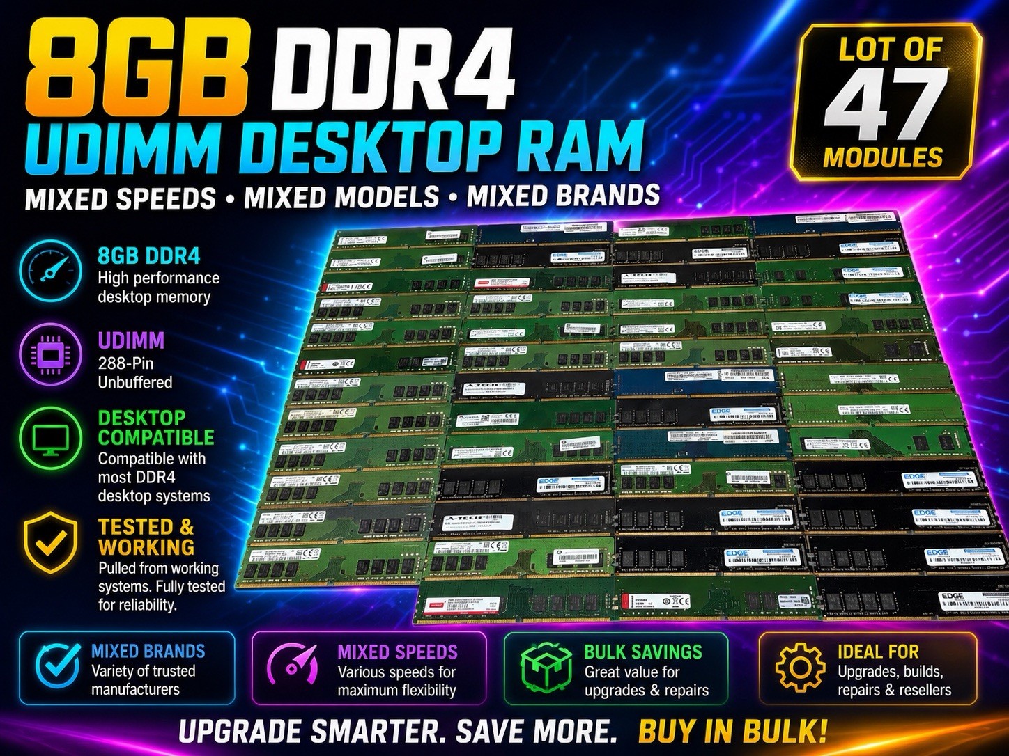 8GB DDR4 RAM UDIMM DESKTOP Mixed Speeds, Mixed Models, Mixed Brands Lot 47