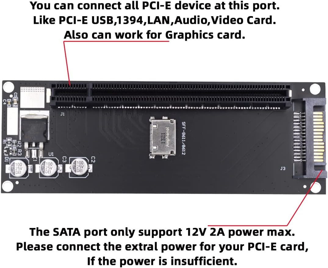 Oculink SFF-8612 SFF-8611 to PCIE Pci-Express 16X 4X Adapter with SATA Power Por