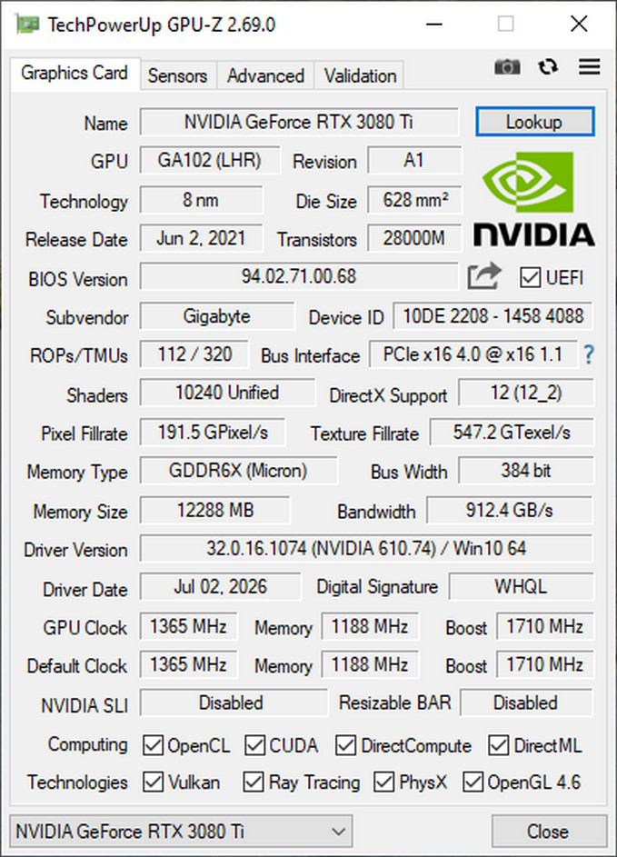GIGABYTE RTX 3080 Ti GAMING OC 12GB GDDR6X Graphics Card [GV-N308TGAMING]
