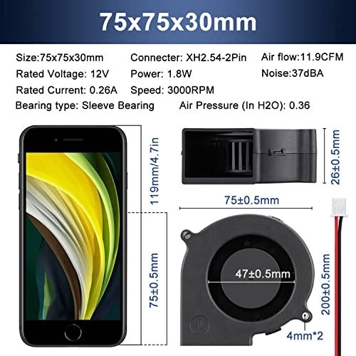 Durable 75mm 12V Brushless Cooling Fan – Quiet 11.9 CFM Airflow for DIY Projects
