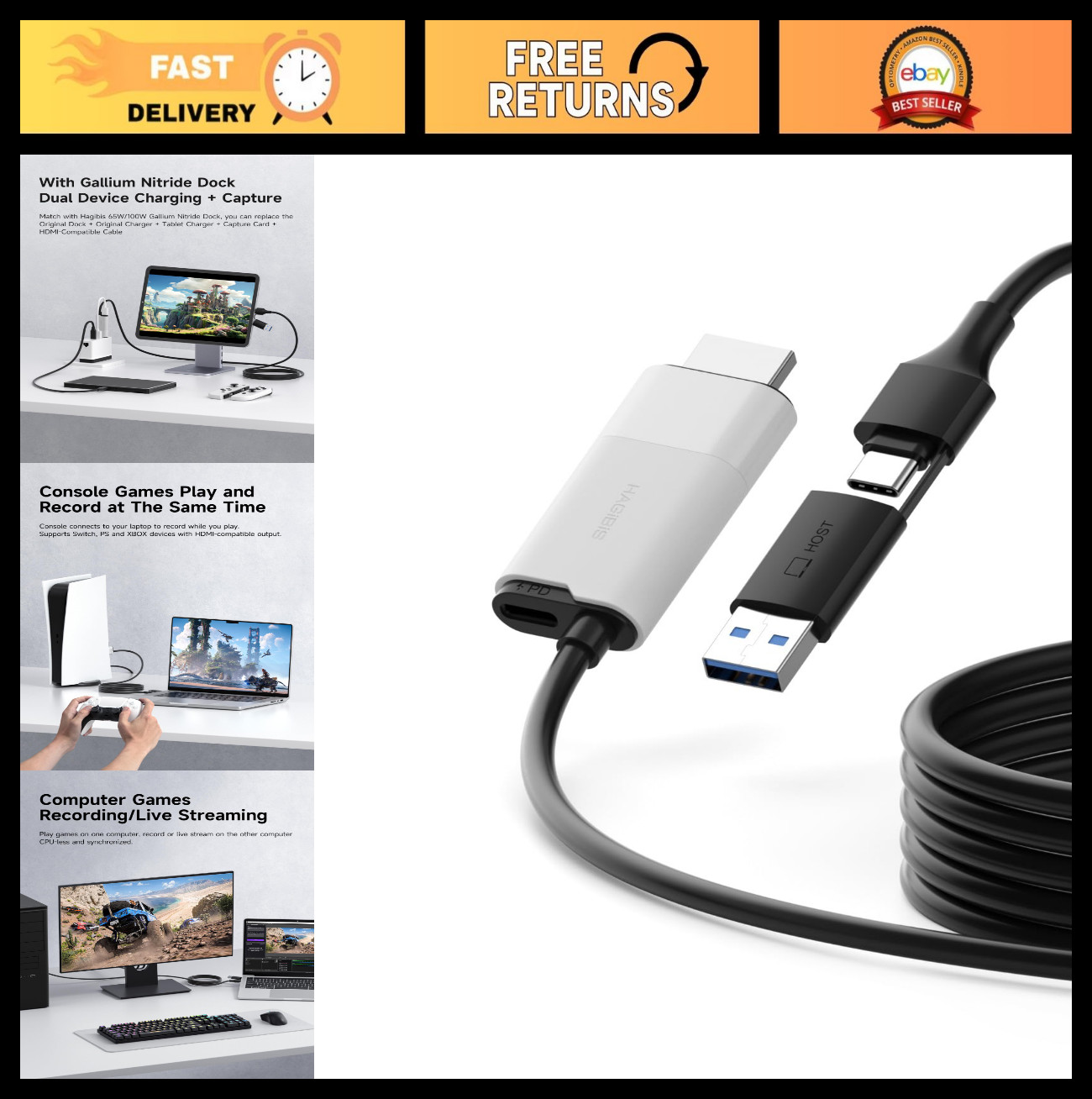 USB 3.0 Video Capture Card 1080P@60fps, HDMI to USB A/C, Live Streaming, Gaming
