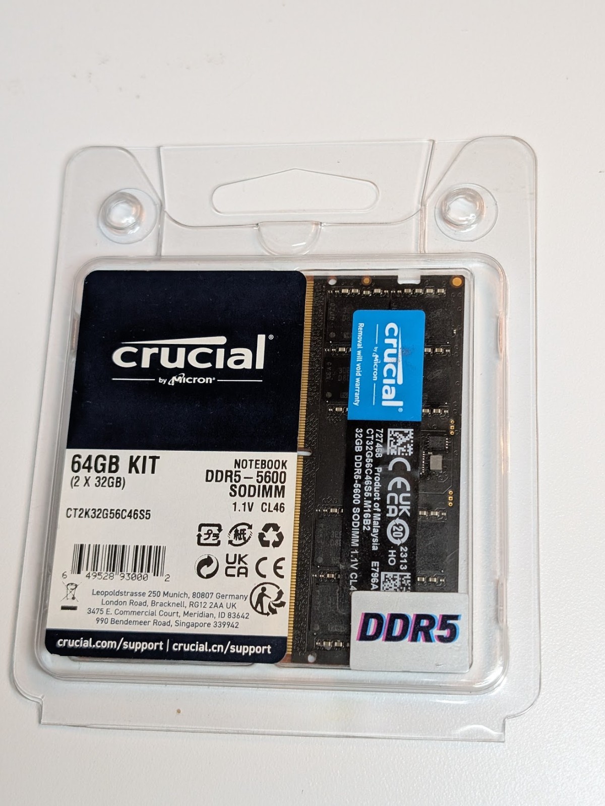 Crucial 64GB 2x32GB DDR5 5600 CL46 262-Pin SODIMM XMP EXPO Laptop Memory