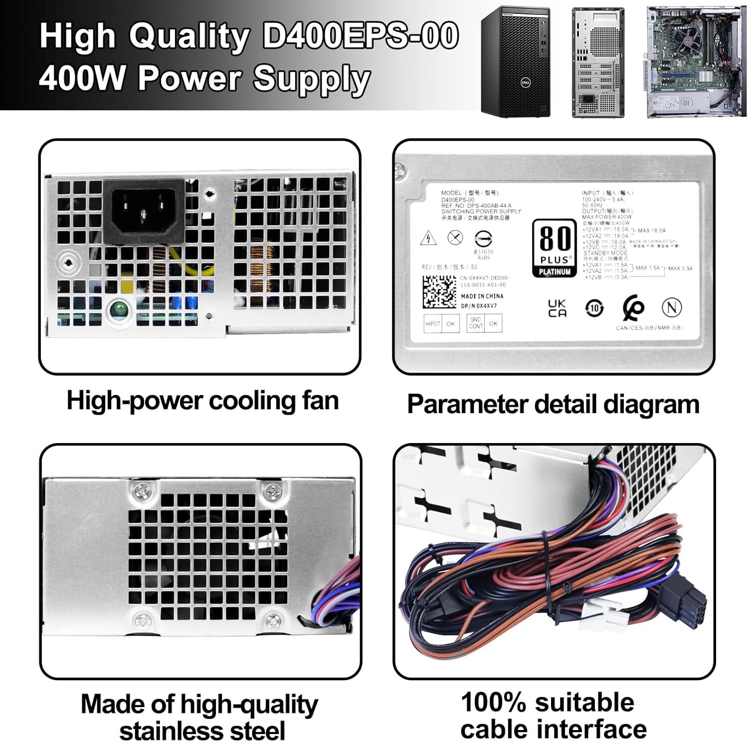 D400EPS-00 400W Power Supply For Dell OptiPlex 3000 3900 MT 5000 MT 7000 0X4XV7