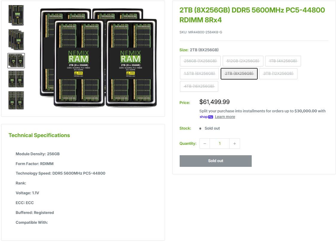 2TB (8X256GB) DDR5 5600MHz PC5-44800 RDIMM 8Rx4