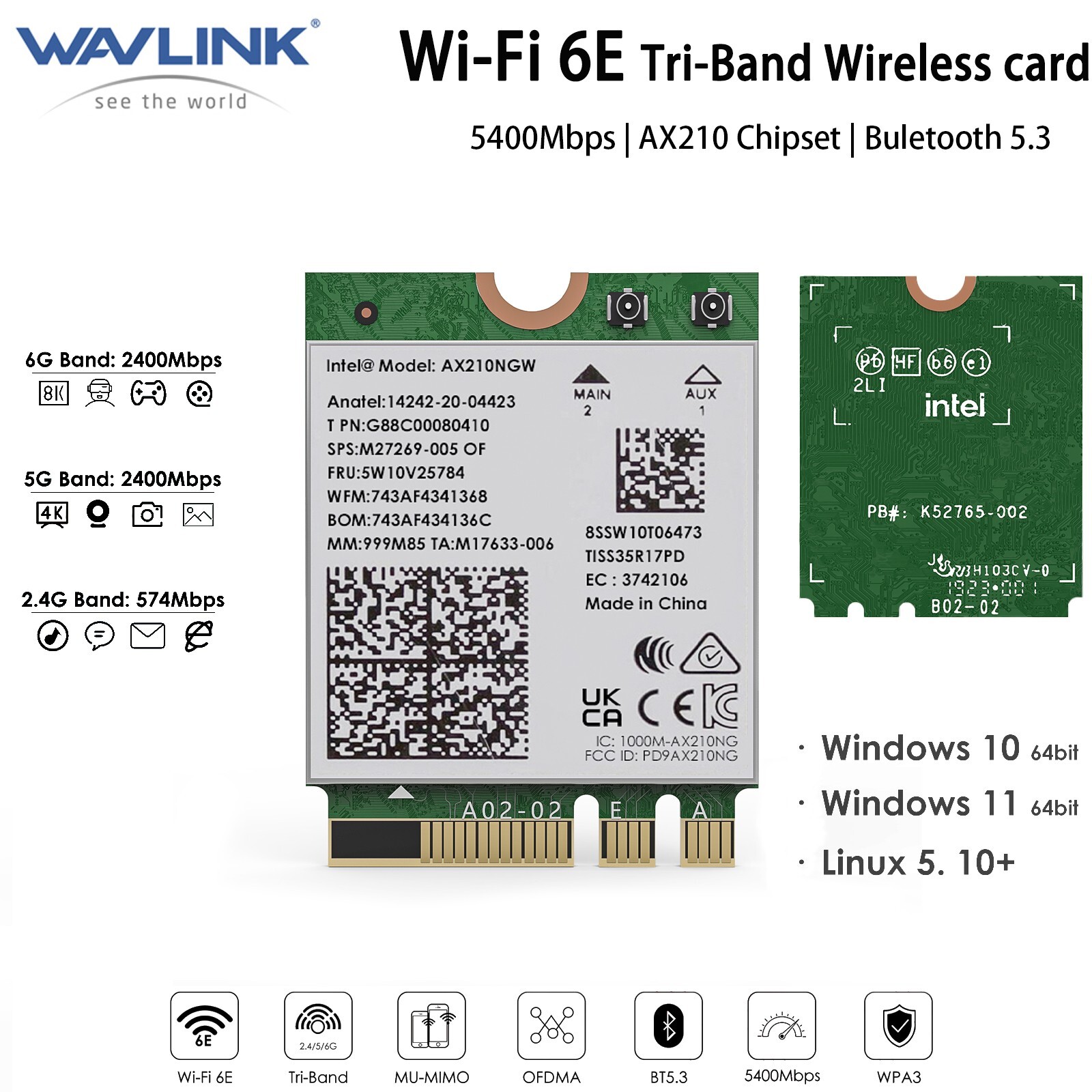 WiFi 6E Wireless Card For PC Intel AX210 Tri-Band AX5400 2.4GHz/5GHz/6GHz
