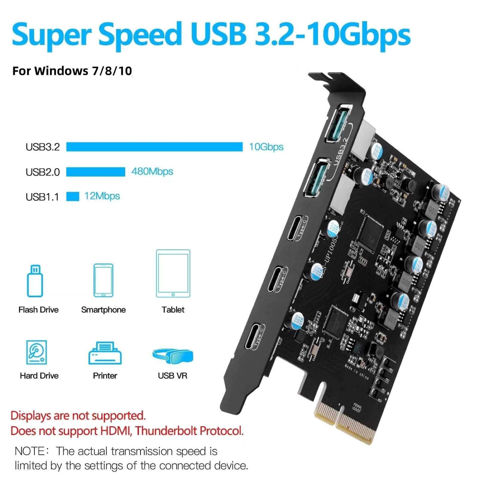 PCIe to Expansion Card 20 Gbps Bandwidth 5 Ports( 2*USB-A 3*USB-C) For Win