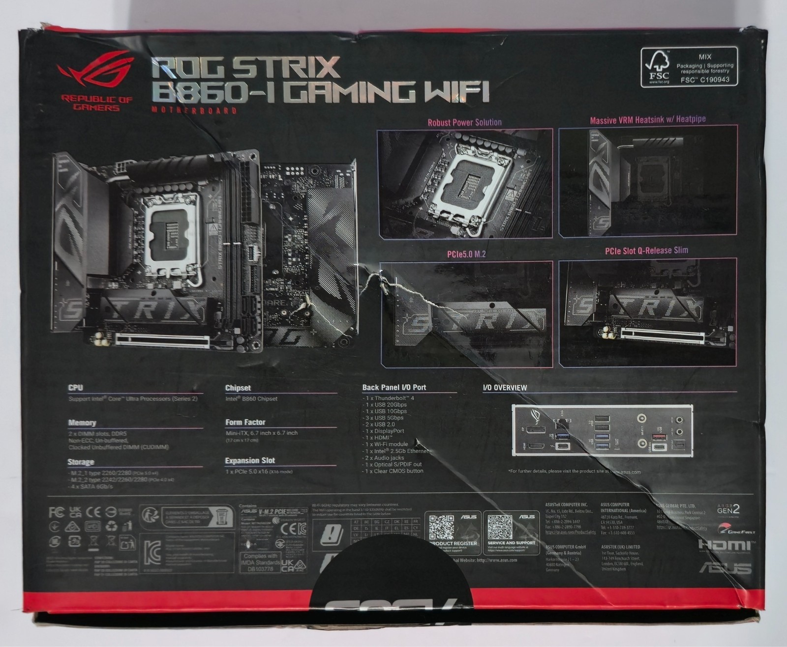 ASUS ROG STRIX B860I GAMING WIFI Mini ITX LGA1851 DDR5 WiFi 7 *No WiFi Antenna*