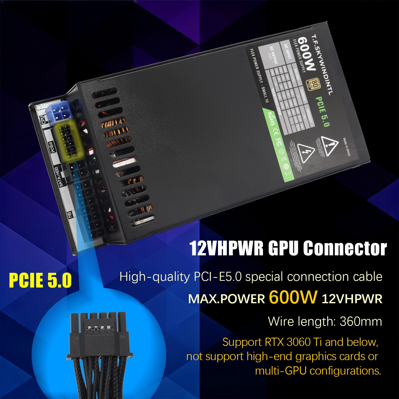600W FLEX ATX Power Supply Modular, 80+ Gold, PCIe 5.0 GPUs 6+2 pin Connectors
