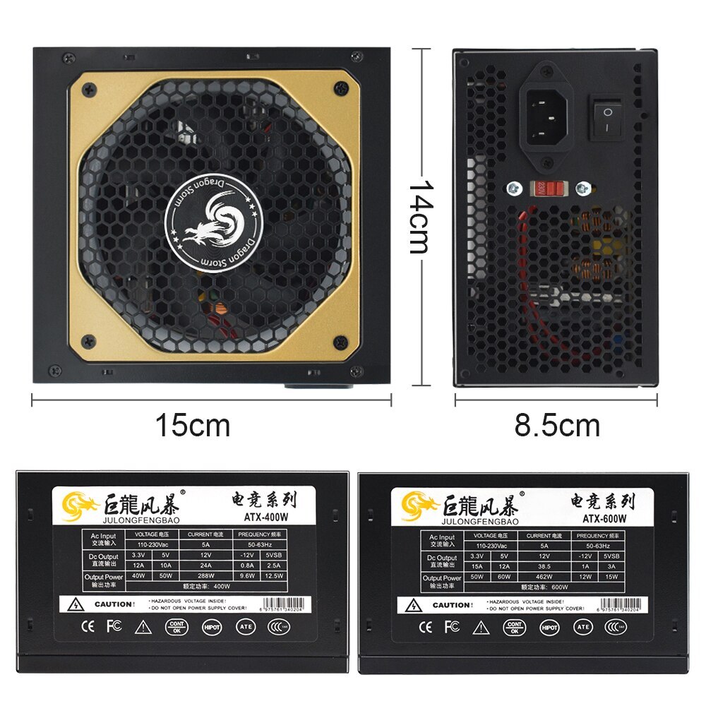 ATX 400W 600W RGB Colorful PSU 110/230V 24Pin 12V Desktop Computer Power Supply