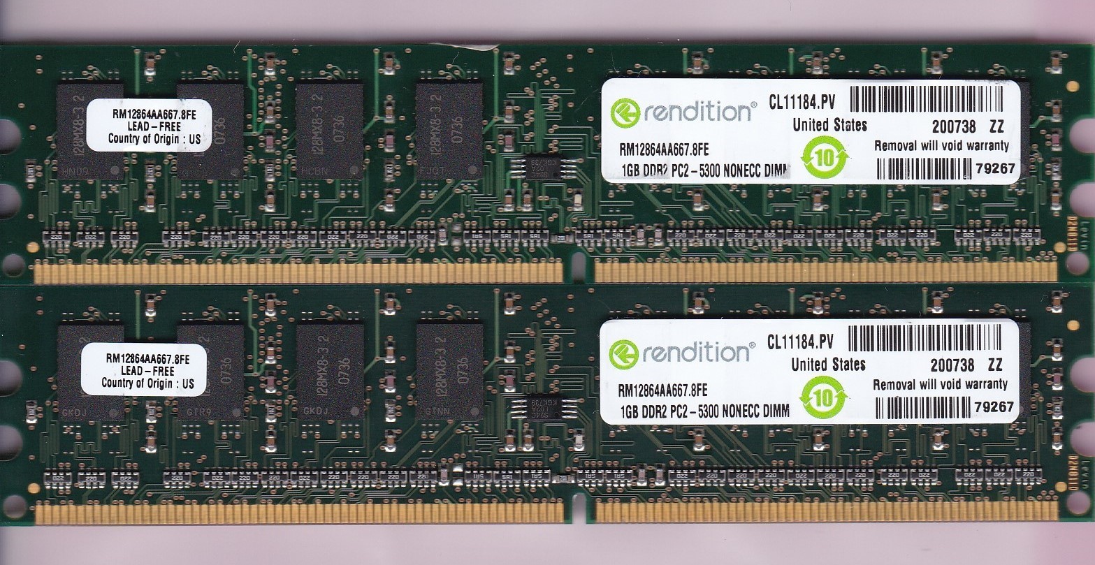 2GB 2x1GB PC2-5300 RENDITION RM12864AA667.8FE DDR2-667 Desktop Ram Memory Kit