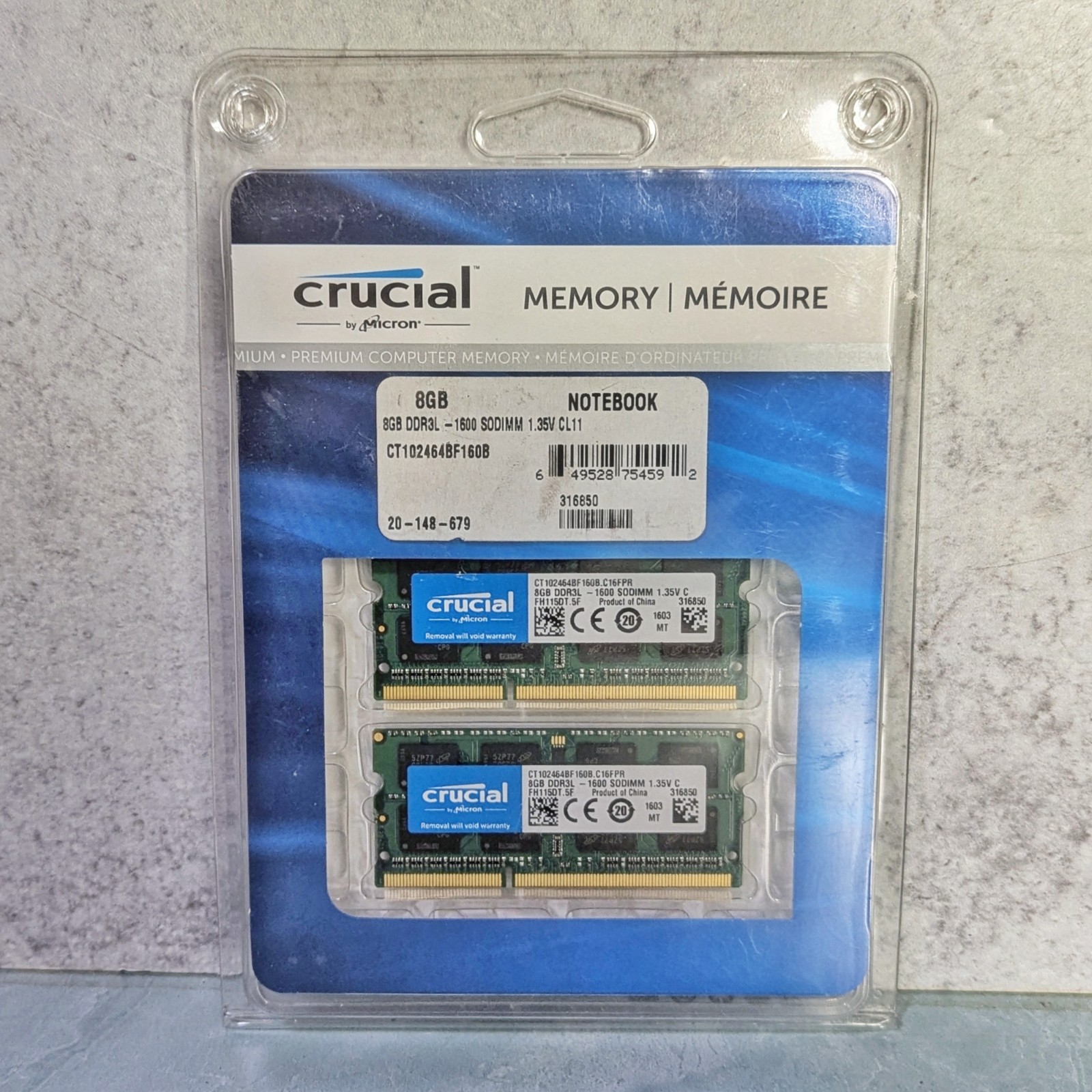 16GB Crucial (8GBx2 Pair) DDR3L-1600 SODIMM CT102464BF160B Notebook