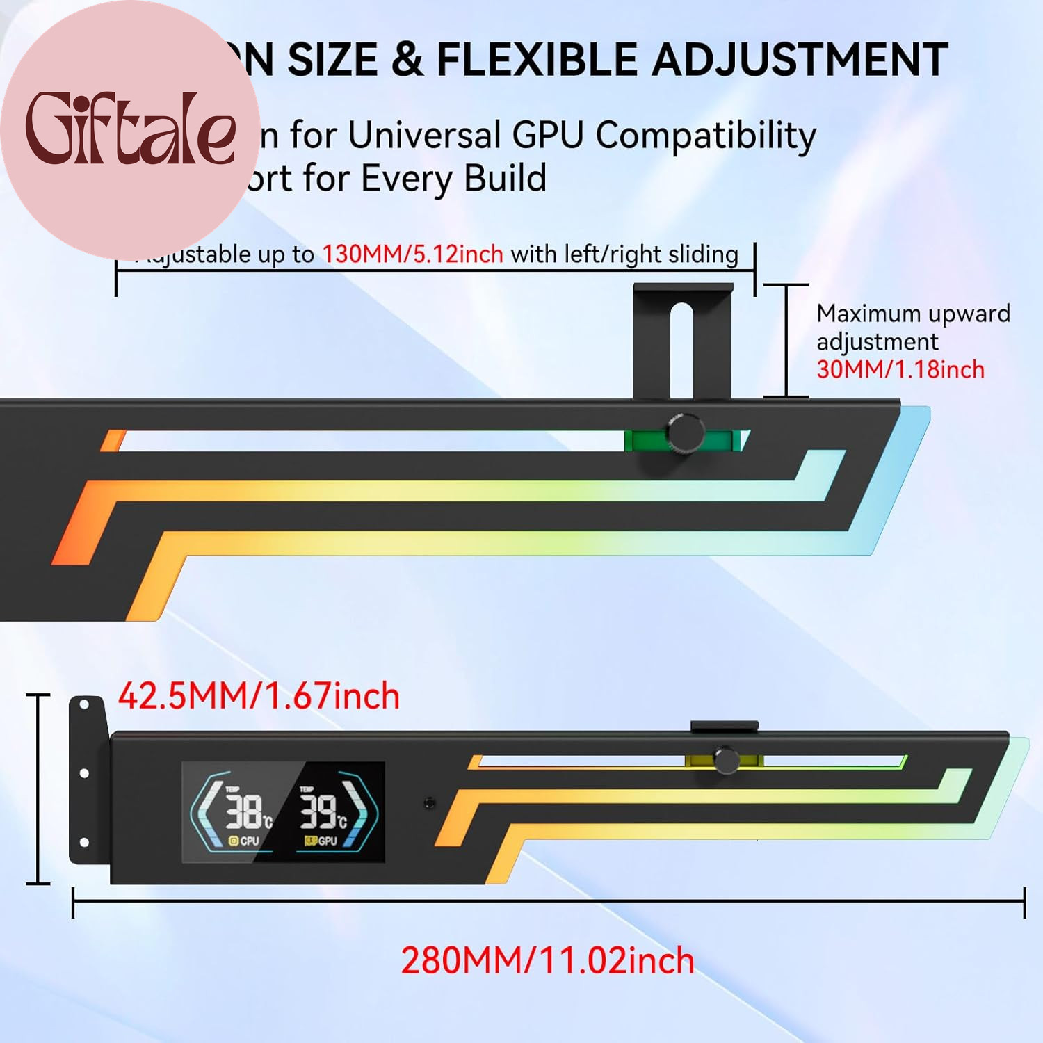 ARGB GPU Support Bracket with CPU & GPU Temp Display, Universal Graphics Card Su