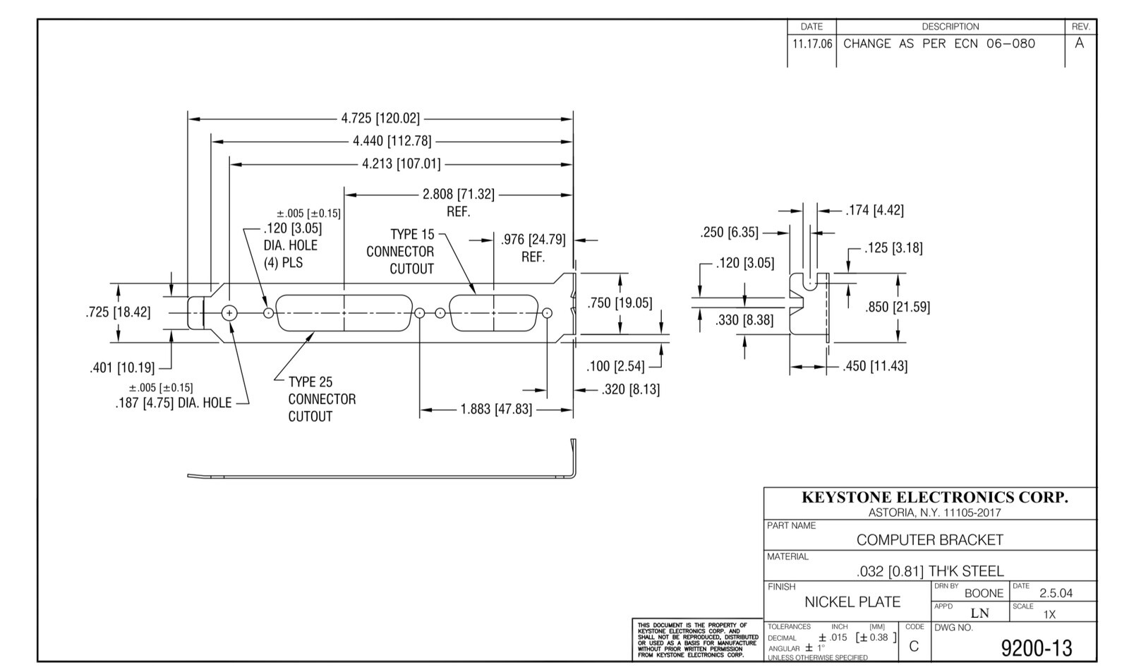 Keystone Electronics 9200-13 Full Height Computer Rear Bracket DB25 & DB15