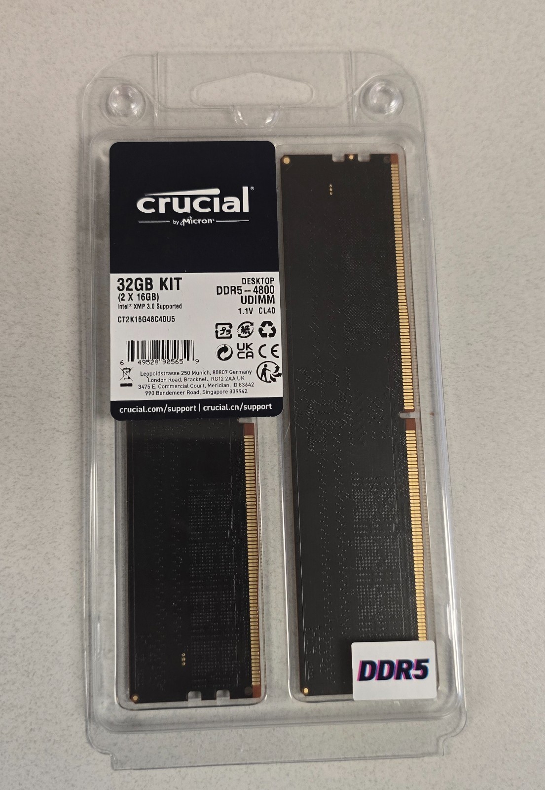 Crucial 32GB (2 x 16GB) PC5-38400 (DDR5-4800) UDIMM Memory (CT2K16G48C40U5)