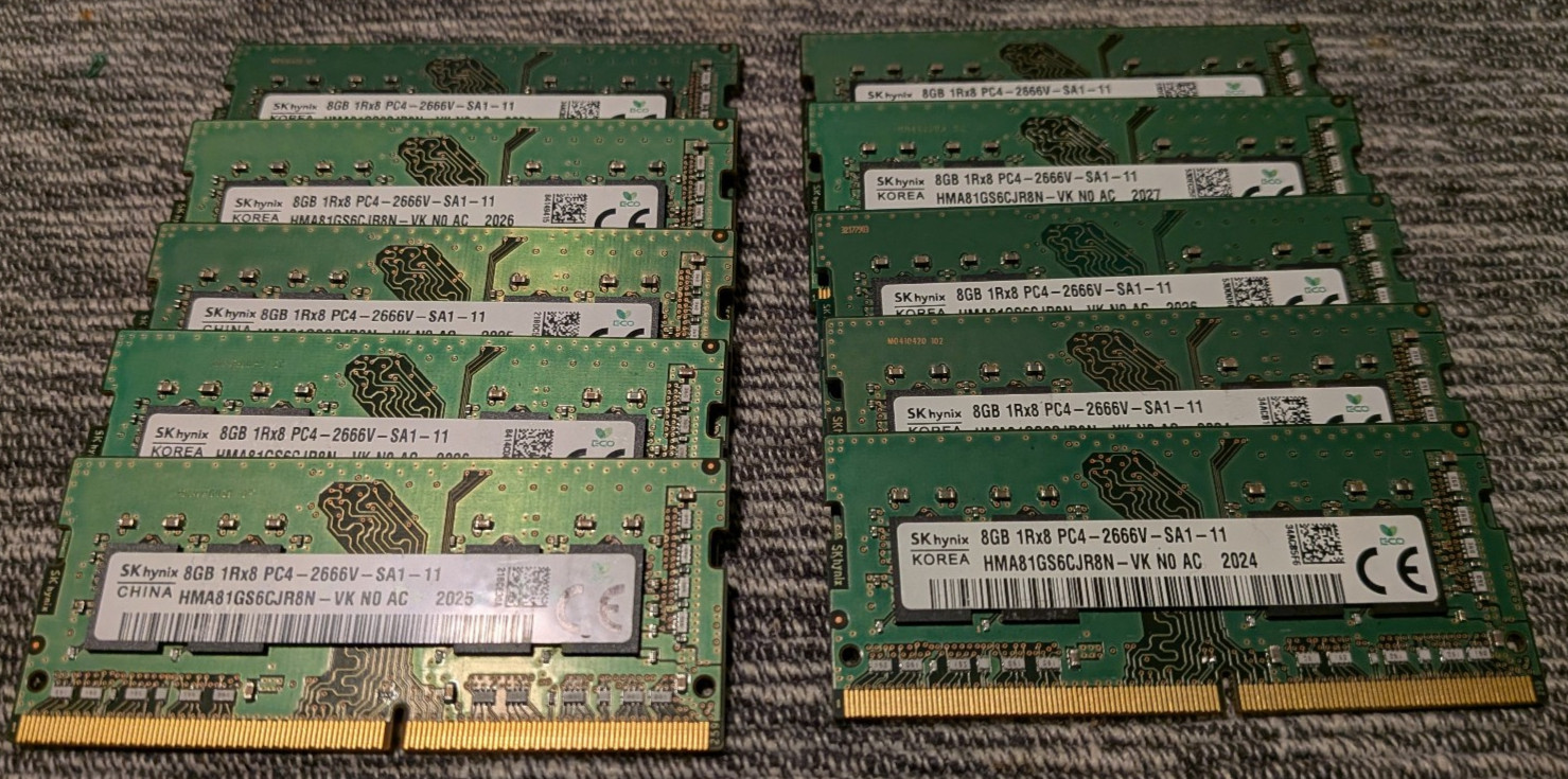 Lot of 10 – SK hynix 8GB 1Rx8 PC4-2666V-SA1-11 SODIMM RAM Memory