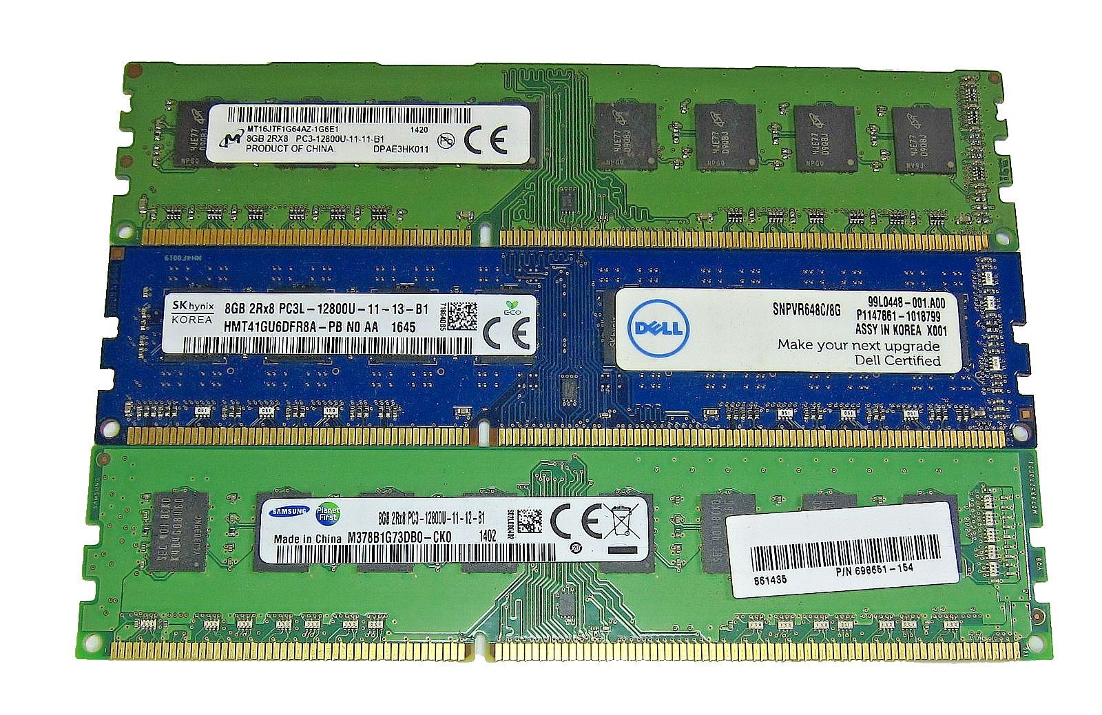 Lot of 3Pcs 8GB Samsung, Hynix, and Micron PC3-12800U (DDR3-1600) Desktop Memory