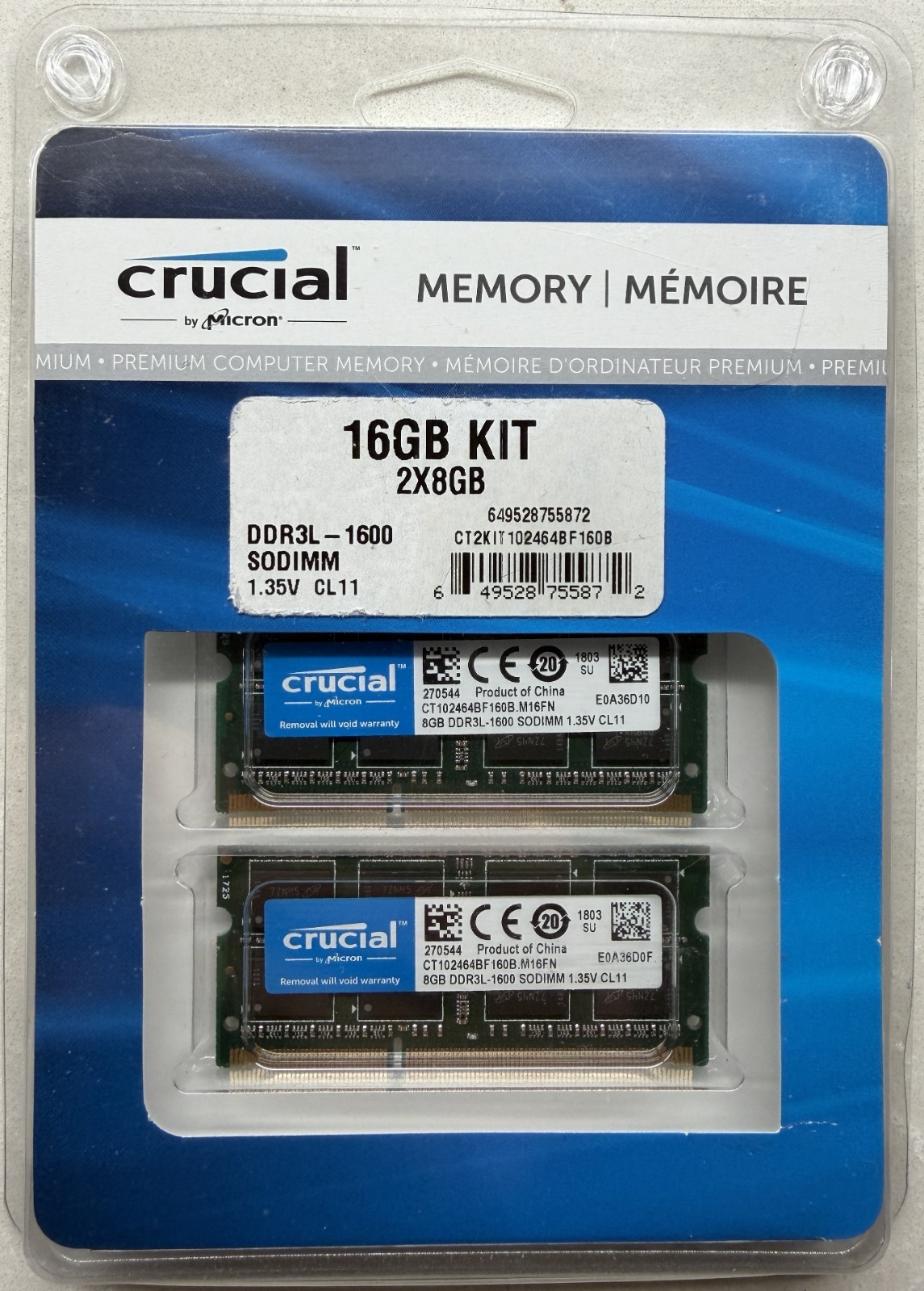 Crucial 16GB Kit 2x 8GB DDR3L 1600 MHz PC3L-1600 Laptop NAS Sodimm Memory RAM